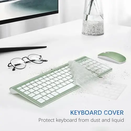Wireless Keyboard and Mouse Ultra Slim Combo, TopMate 2.4G Silent Compact USB 2400DPI Mouse and Scissor Switch Keyboard Set with Cover, Batteries Included, for PC/Laptop/Windows/Mac - Green White - 5