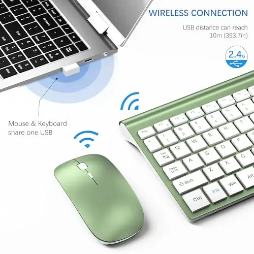 Wireless Keyboard and Mouse Ultra Slim Combo, TopMate 2.4G Silent Compact USB 2400DPI Mouse and Scissor Switch Keyboard Set with Cover, Batteries Included, for PC/Laptop/Windows/Mac - Green White - 3