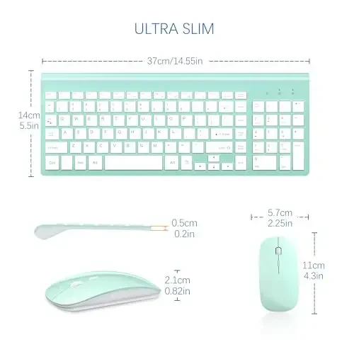 Wireless Keyboard and Mouse Ultra Slim Combo, TopMate 2.4G Silent Compact USB 2400DPI Mouse and Scissor Switch Keyboard Set with Cover, Batteries Included, for PC/Laptop/Windows/Mac - Mint Green - 6