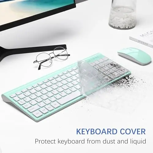 Wireless Keyboard and Mouse Ultra Slim Combo, TopMate 2.4G Silent Compact USB 2400DPI Mouse and Scissor Switch Keyboard Set with Cover, Batteries Included, for PC/Laptop/Windows/Mac - Mint Green - 4