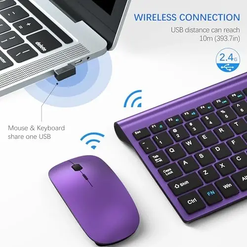 Wireless Keyboard and Mouse Ultra Slim Combo, TopMate 2.4G Silent Compact USB 2400DPI Mouse and Scissor Switch Keyboard Set with Cover, Batteries Included, for PC/Laptop/Windows/Mac - Purple Black - 1
