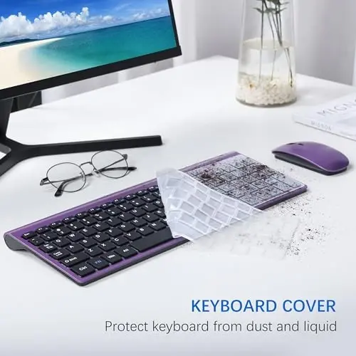 Wireless Keyboard and Mouse Ultra Slim Combo, TopMate 2.4G Silent Compact USB 2400DPI Mouse and Scissor Switch Keyboard Set with Cover, Batteries Included, for PC/Laptop/Windows/Mac - Purple Black - 3