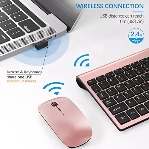 Wireless Keyboard and Mouse Ultra Slim Combo, TopMate 2.4G Silent Compact USB 2400DPI Mouse and Scissor Switch Keyboard Set with Cover, Batteries Included, for PC/Laptop/Windows/Mac - Rose Gold Black - 3