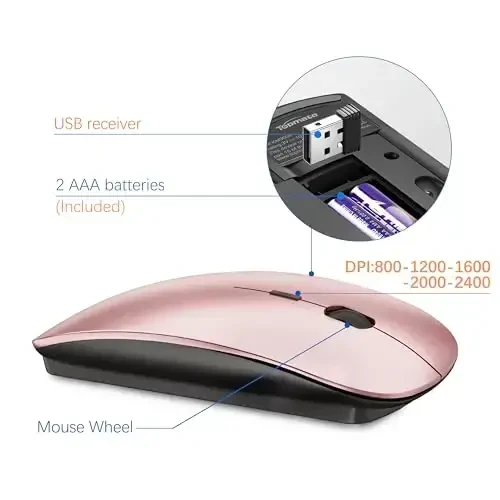 Wireless Keyboard and Mouse Ultra Slim Combo, TopMate 2.4G Silent Compact USB 2400DPI Mouse and Scissor Switch Keyboard Set with Cover, Batteries Included, for PC/Laptop/Windows/Mac - Rose Gold Black - 4