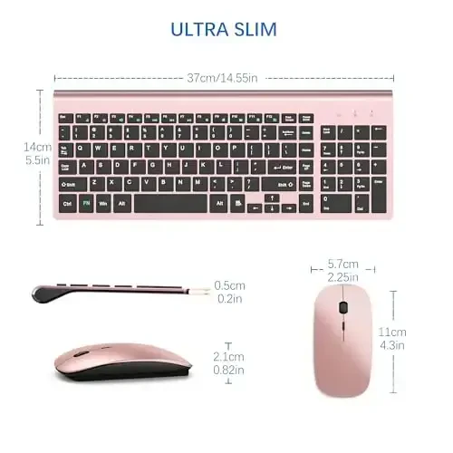 Wireless Keyboard and Mouse Ultra Slim Combo, TopMate 2.4G Silent Compact USB 2400DPI Mouse and Scissor Switch Keyboard Set with Cover, Batteries Included, for PC/Laptop/Windows/Mac - Rose Gold Black - 6