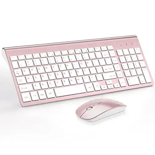 Wireless Keyboard and Mouse Ultra Slim Combo, TopMate 2.4G Silent Compact USB 2400DPI Mouse and Scissor Switch Keyboard Set with Cover, Batteries Included, for PC/Laptop/Windows/Mac - Rose Gold White 