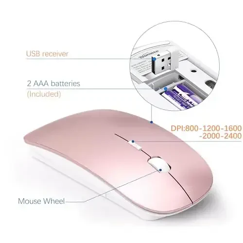 Wireless Keyboard and Mouse Ultra Slim Combo, TopMate 2.4G Silent Compact USB 2400DPI Mouse and Scissor Switch Keyboard Set with Cover, Batteries Included, for PC/Laptop/Windows/Mac - Rose Gold White - 4