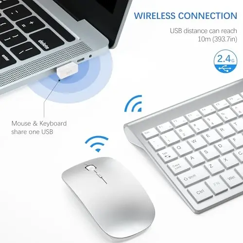 Wireless Keyboard and Mouse Ultra Slim Combo, TopMate 2.4G Silent Compact USB 2400DPI Mouse and Scissor Switch Keyboard Set with Cover, Batteries Included, for PC/Laptop/Windows/Mac - Silver White - TOPMATE