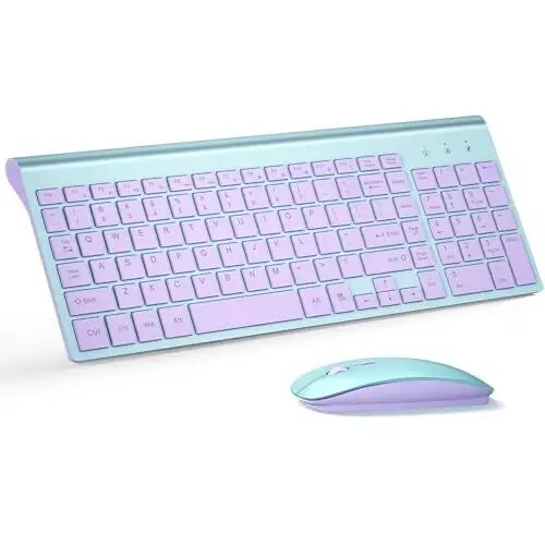 Wireless Keyboard and Mouse Ultra Slim Combo, TopMate - Blue Purple | 2.4G Silent Compact 2400DPI Mouse and Scissor Switch Keyboard Set with Cover, Batteries Included, for PC/Laptop/Windows/Mac - 1