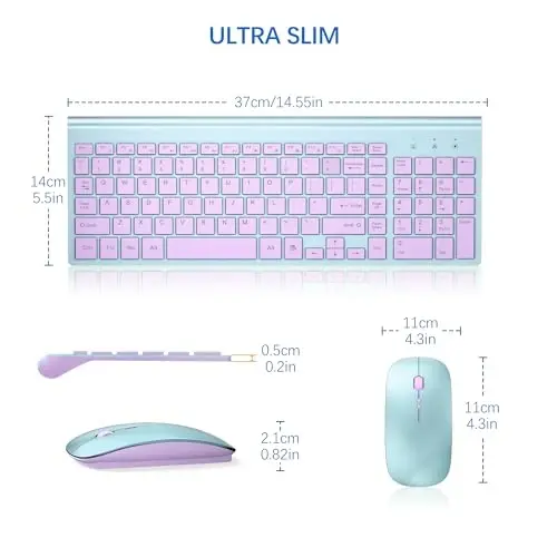Wireless Keyboard and Mouse Ultra Slim Combo, TopMate - Blue Purple | 2.4G Silent Compact 2400DPI Mouse and Scissor Switch Keyboard Set with Cover, Batteries Included, for PC/Laptop/Windows/Mac - 6