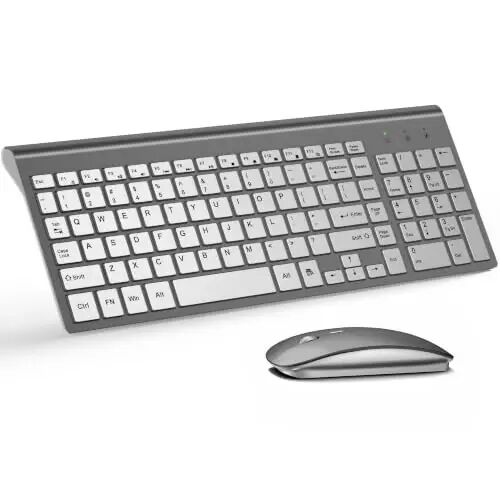 Wireless Keyboard and Mouse Ultra Slim Combo, TopMate - Gray Silver | 2.4G Silent Compact 2400DPI Mouse and Scissor Switch Keyboard Set with Cover, Batteries Included, for PC/Laptop/Windows/Mac - TopMate