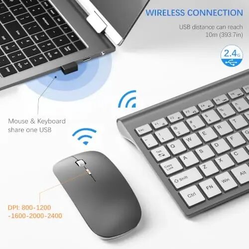 Wireless Keyboard and Mouse Ultra Slim Combo, TopMate - Gray Silver | 2.4G Silent Compact 2400DPI Mouse and Scissor Switch Keyboard Set with Cover, Batteries Included, for PC/Laptop/Windows/Mac - 3