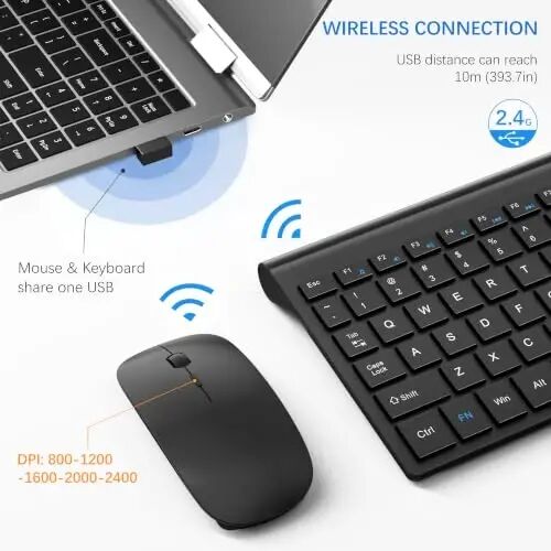 Wireless Keyboard and Mouse Ultra Slim Combo, TopMate - Matte Black | 2.4G Silent Compact 2400DPI Mouse and Scissor Switch Keyboard Set with Cover, Batteries Included, for PC/Laptop/Windows/Mac - 3