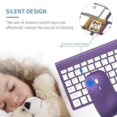 Wireless Keyboard and Mouse Ultra Slim Combo, TopMate - Purple White | 2.4G Silent Compact 2400DPI Mouse and Scissor Switch Keyboard Set with Cover, Batteries Included, for PC/Laptop/Windows/Mac - TOPMATE (1)