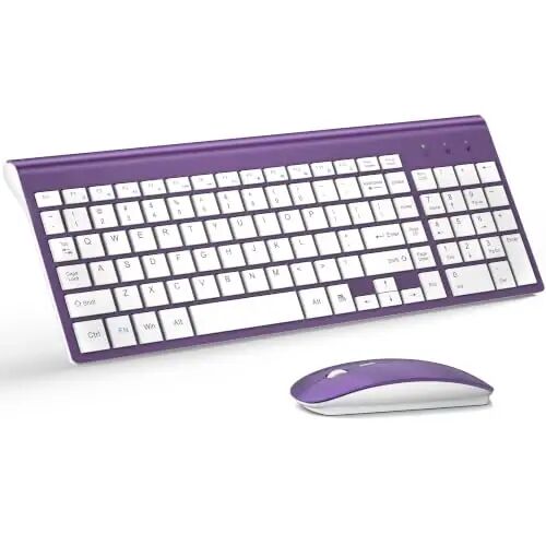 Wireless Keyboard and Mouse Ultra Slim Combo, TopMate - Purple White | 2.4G Silent Compact 2400DPI Mouse and Scissor Switch Keyboard Set with Cover, Batteries Included, for PC/Laptop/Windows/Mac - 1
