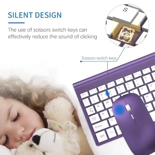 Wireless Keyboard and Mouse Ultra Slim Combo, TopMate - Purple White | 2.4G Silent Compact 2400DPI Mouse and Scissor Switch Keyboard Set with Cover, Batteries Included, for PC/Laptop/Windows/Mac - 2