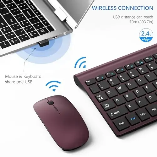 Wireless Keyboard and Mouse Ultra Slim Combo, TopMate - Wine Black | 2.4G Silent Compact 2400DPI Mouse and Scissor Switch Keyboard Set with Cover, Batteries Included, for PC/Laptop/Windows/Mac - 3