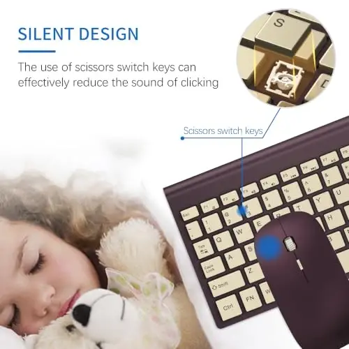 Wireless Keyboard and Mouse Ultra Slim Combo, TopMate - Wine Gold | 2.4G Silent Compact 2400DPI Mouse and Scissor Switch Keyboard Set with Cover, Batteries Included, for PC/Laptop/Windows/Mac - TopMate (1)