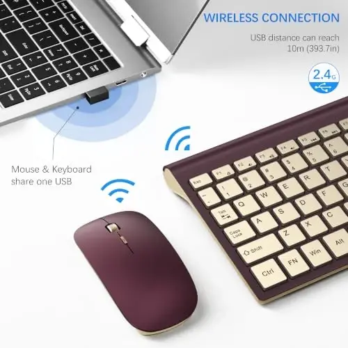 Wireless Keyboard and Mouse Ultra Slim Combo, TopMate - Wine Gold | 2.4G Silent Compact 2400DPI Mouse and Scissor Switch Keyboard Set with Cover, Batteries Included, for PC/Laptop/Windows/Mac - 3
