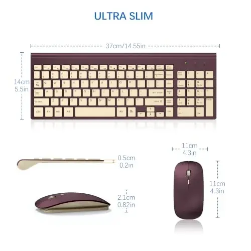 Wireless Keyboard and Mouse Ultra Slim Combo, TopMate - Wine Gold | 2.4G Silent Compact 2400DPI Mouse and Scissor Switch Keyboard Set with Cover, Batteries Included, for PC/Laptop/Windows/Mac - 6
