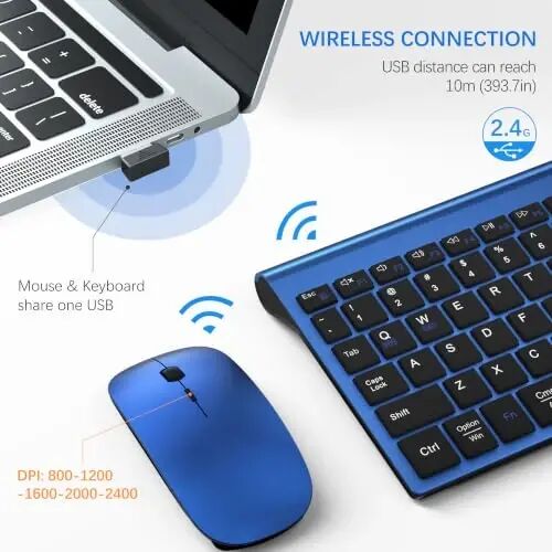 Wireless Keyboard and Mouse Ultra Slim Combo with Dual System - Blue Black | TopMate 2.4G Silent Compact 2400DPI Mouse and Scissor Switch Keyboard Set with Cover and Batteries, for PC/Laptop/Windows/Mac - 3