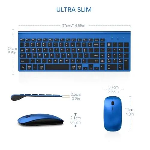 Wireless Keyboard and Mouse Ultra Slim Combo with Dual System - Blue Black | TopMate 2.4G Silent Compact 2400DPI Mouse and Scissor Switch Keyboard Set with Cover and Batteries, for PC/Laptop/Windows/Mac - 6