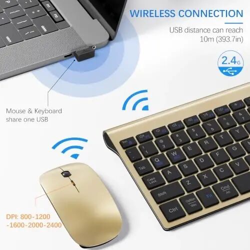 Wireless Keyboard and Mouse Ultra Slim Combo with Dual System - Gold Black | TopMate 2.4G Silent Compact 2400DPI Mouse and Scissor Switch Keyboard Set with Cover and Batteries, for PC/Laptop/Windows/Mac - 3