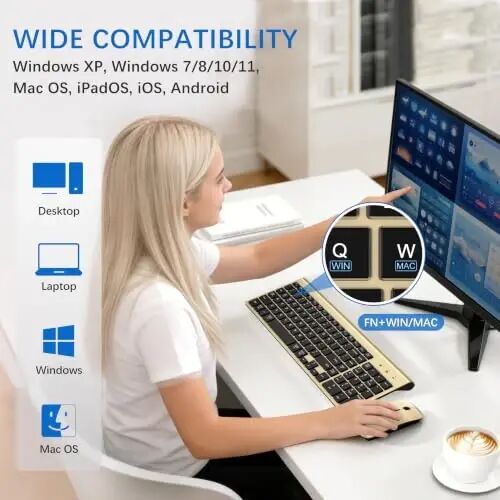 Wireless Keyboard and Mouse Ultra Slim Combo with Dual System - Gold Black | TopMate 2.4G Silent Compact 2400DPI Mouse and Scissor Switch Keyboard Set with Cover and Batteries, for PC/Laptop/Windows/Mac - 4