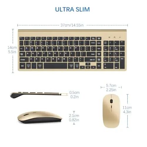 Wireless Keyboard and Mouse Ultra Slim Combo with Dual System - Gold Black | TopMate 2.4G Silent Compact 2400DPI Mouse and Scissor Switch Keyboard Set with Cover and Batteries, for PC/Laptop/Windows/Mac - 6