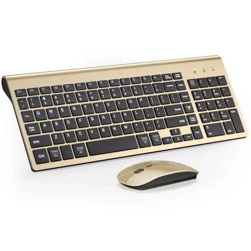 Wireless Keyboard and Mouse Ultra Slim Combo with Dual System - Gold Black | TopMate 2.4G Silent Compact 2400DPI Mouse and Scissor Switch Keyboard Set with Cover and Batteries, for PC/Laptop/Windows/Mac - TopMate