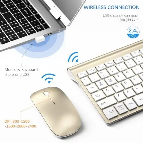 Wireless Keyboard and Mouse Ultra Slim Combo with Dual System - Gold White | TopMate 2.4G Silent Compact 2400DPI Mouse and Scissor Switch Keyboard Set with Cover and Batteries, for PC/Laptop/Windows/Mac - 3