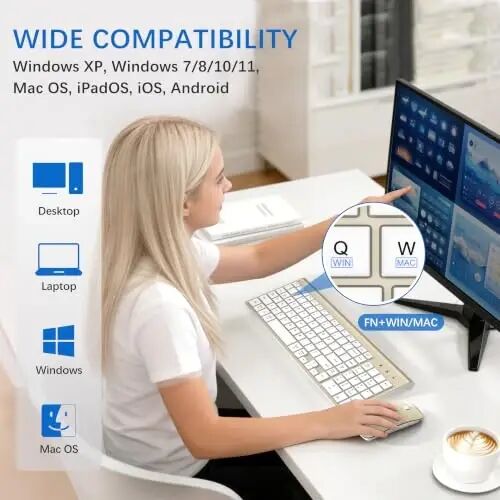 Wireless Keyboard and Mouse Ultra Slim Combo with Dual System - Gold White | TopMate 2.4G Silent Compact 2400DPI Mouse and Scissor Switch Keyboard Set with Cover and Batteries, for PC/Laptop/Windows/Mac - 4