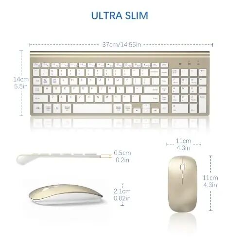 Wireless Keyboard and Mouse Ultra Slim Combo with Dual System - Gold White | TopMate 2.4G Silent Compact 2400DPI Mouse and Scissor Switch Keyboard Set with Cover and Batteries, for PC/Laptop/Windows/Mac - 6