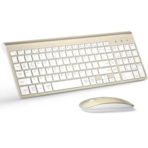 Wireless Keyboard and Mouse Ultra Slim Combo with Dual System - Gold White | TopMate 2.4G Silent Compact 2400DPI Mouse and Scissor Switch Keyboard Set with Cover and Batteries, for PC/Laptop/Windows/Mac - TopMate