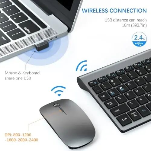 Wireless Keyboard and Mouse Ultra Slim Combo with Dual System - Gray Black | TopMate 2.4G Silent Compact 2400DPI Mouse and Scissor Switch Keyboard Set with Cover and Batteries, for PC/Laptop/Windows/Mac - 3