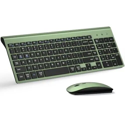 Wireless Keyboard and Mouse Ultra Slim Combo with Dual System - Green Black | TopMate 2.4G Silent Compact 2400DPI Mouse and Scissor Switch Keyboard Set with Cover and Batteries, for PC/Laptop/Windows/Mac - TopMate
