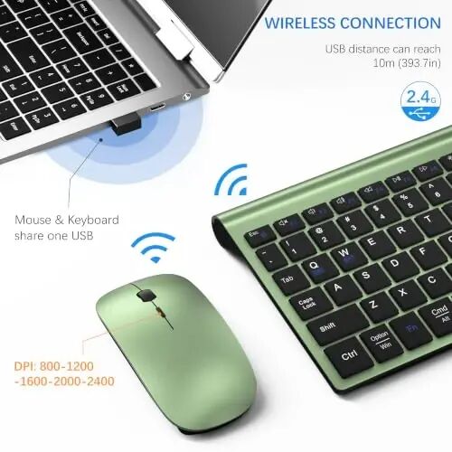 Wireless Keyboard and Mouse Ultra Slim Combo with Dual System - Green Black | TopMate 2.4G Silent Compact 2400DPI Mouse and Scissor Switch Keyboard Set with Cover and Batteries, for PC/Laptop/Windows/Mac - 3