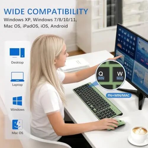 Wireless Keyboard and Mouse Ultra Slim Combo with Dual System - Green Black | TopMate 2.4G Silent Compact 2400DPI Mouse and Scissor Switch Keyboard Set with Cover and Batteries, for PC/Laptop/Windows/Mac - 4