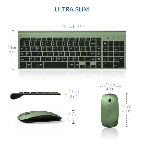 Wireless Keyboard and Mouse Ultra Slim Combo with Dual System - Green Black | TopMate 2.4G Silent Compact 2400DPI Mouse and Scissor Switch Keyboard Set with Cover and Batteries, for PC/Laptop/Windows/Mac - 6