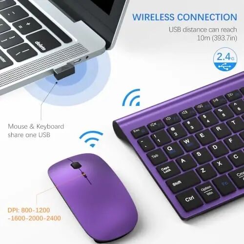 Wireless Keyboard and Mouse Ultra Slim Combo with Dual System- Purple Black | TopMate 2.4G Silent Compact 2400DPI Mouse and Scissor Switch Keyboard Set with Cover and Batteries, for PC/Laptop/Windows/Mac - 3