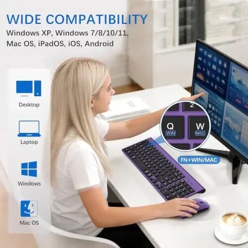 Wireless Keyboard and Mouse Ultra Slim Combo with Dual System- Purple Black | TopMate 2.4G Silent Compact 2400DPI Mouse and Scissor Switch Keyboard Set with Cover and Batteries, for PC/Laptop/Windows/Mac - 4