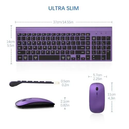 Wireless Keyboard and Mouse Ultra Slim Combo with Dual System- Purple Black | TopMate 2.4G Silent Compact 2400DPI Mouse and Scissor Switch Keyboard Set with Cover and Batteries, for PC/Laptop/Windows/Mac - 6