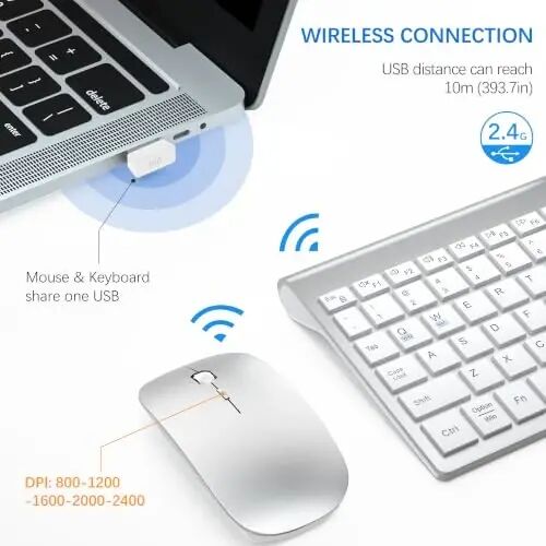 Wireless Keyboard and Mouse Ultra Slim Combo with Dual System- Silver White | TopMate 2.4G Silent Compact 2400DPI Mouse and Scissor Switch Keyboard Set with Cover and Batteries, for PC/Laptop/Windows/Mac - 3