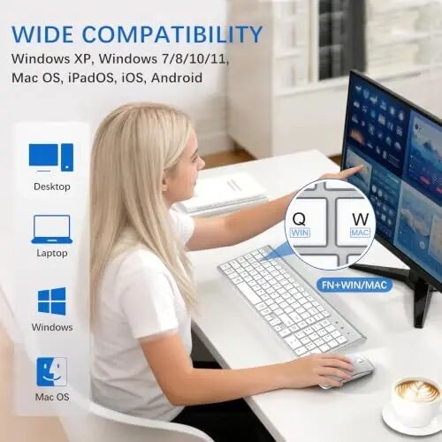 Wireless Keyboard and Mouse Ultra Slim Combo with Dual System- Silver White | TopMate 2.4G Silent Compact 2400DPI Mouse and Scissor Switch Keyboard Set with Cover and Batteries, for PC/Laptop/Windows/Mac - 4