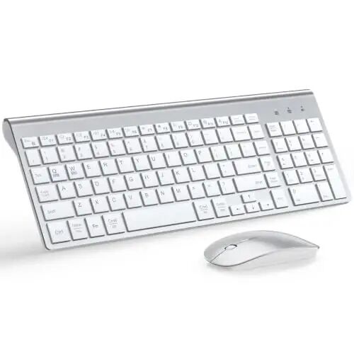 Wireless Keyboard and Mouse Ultra Slim Combo with Dual System- Silver White | TopMate 2.4G Silent Compact 2400DPI Mouse and Scissor Switch Keyboard Set with Cover and Batteries, for PC/Laptop/Windows/Mac - TopMate
