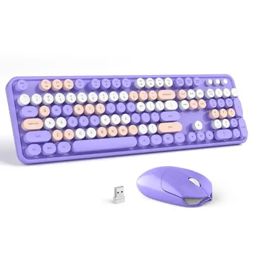 Wireless Keyboard Mouse Combo - GEEZER Deep Purple Toʻliq oʻlchamli rangli klaviatura 104 tugma - USB 2.4 G qabul qilgich Windows, PC, noutbuk, kompyuter uchun dumaloq klaviatura yozuv mashinkasi klaviaturalari bilan ulang. 