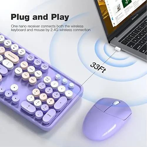 Wireless Keyboard Mouse Combo - GEEZER Deep Purple Toʻliq oʻlchamli rangli klaviatura 104 tugma - USB 2.4 G qabul qilgich Windows, PC, noutbuk, kompyuter uchun dumaloq klaviatura yozuv mashinkasi klaviaturalari bilan ulang. - 2