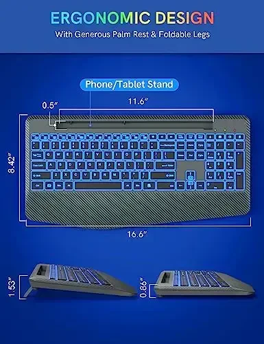 Wireless Keyboard with 7 Colored Backlit, Wrist Rest, Phone Holder, Rechargeable Ergonomic Computer Keyboard with Silent Key, Full Size Lighted Keyboard for Windows, MacBook, PC, Laptop (Gray) - 6