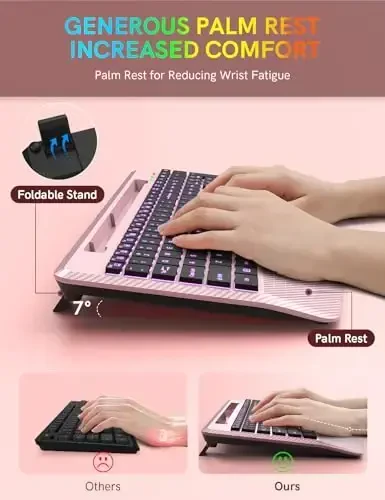 Wireless Keyboard with 7 Colored Backlits Wrist Rest, Phone Holder, Rechargeable Ergonomic Computer Keyboard with Silent Key, Full Size Lighted Keyboard for Windows, Mac, PC, Laptop (Rose gold) - 3