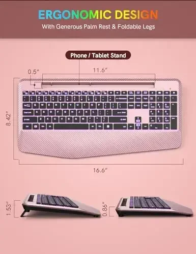 Wireless Keyboard with 7 Colored Backlits Wrist Rest, Phone Holder, Rechargeable Ergonomic Computer Keyboard with Silent Key, Full Size Lighted Keyboard for Windows, Mac, PC, Laptop (Rose gold) - 6